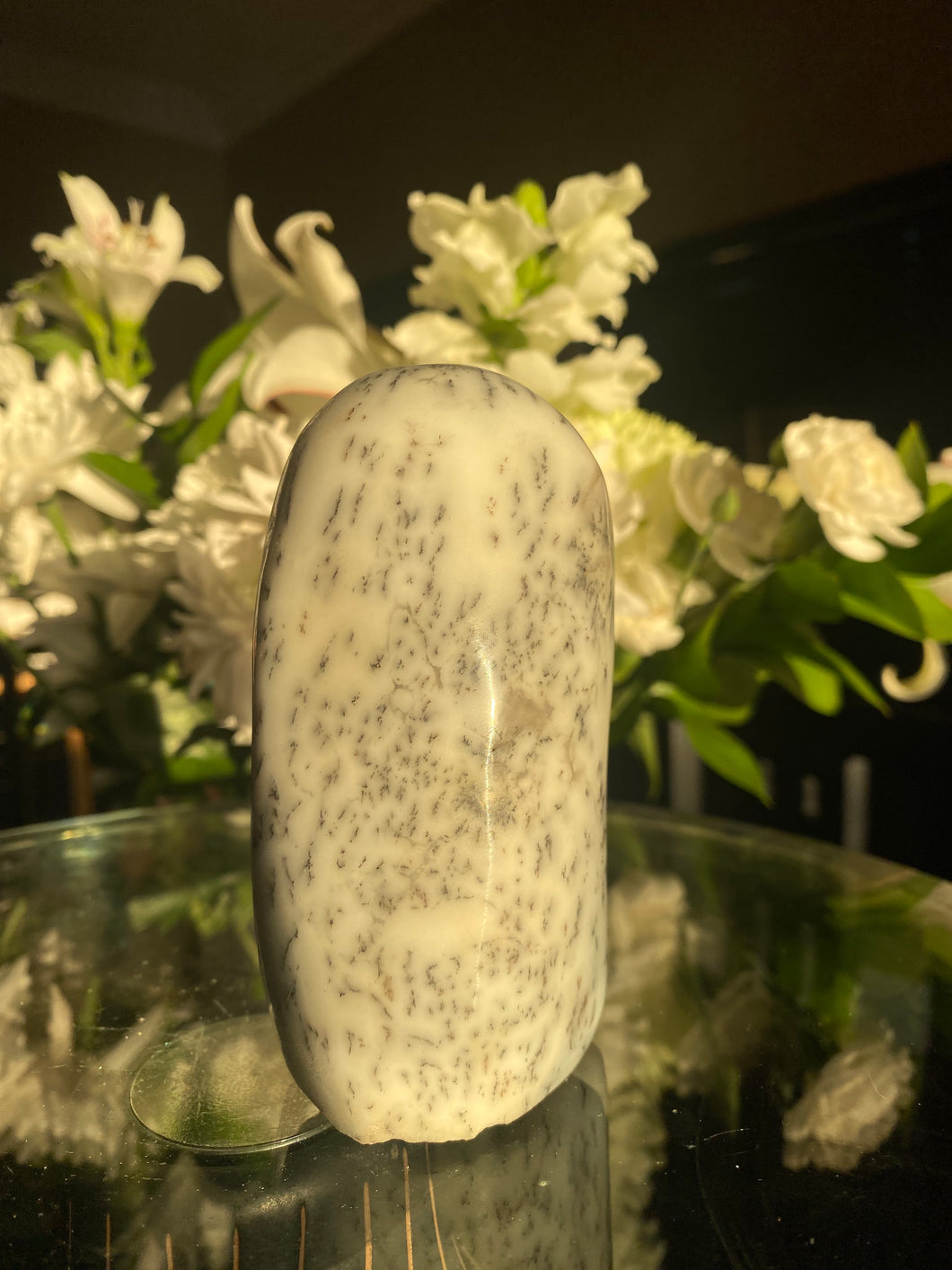 Polished White Dendritic Opal Standing Freeform