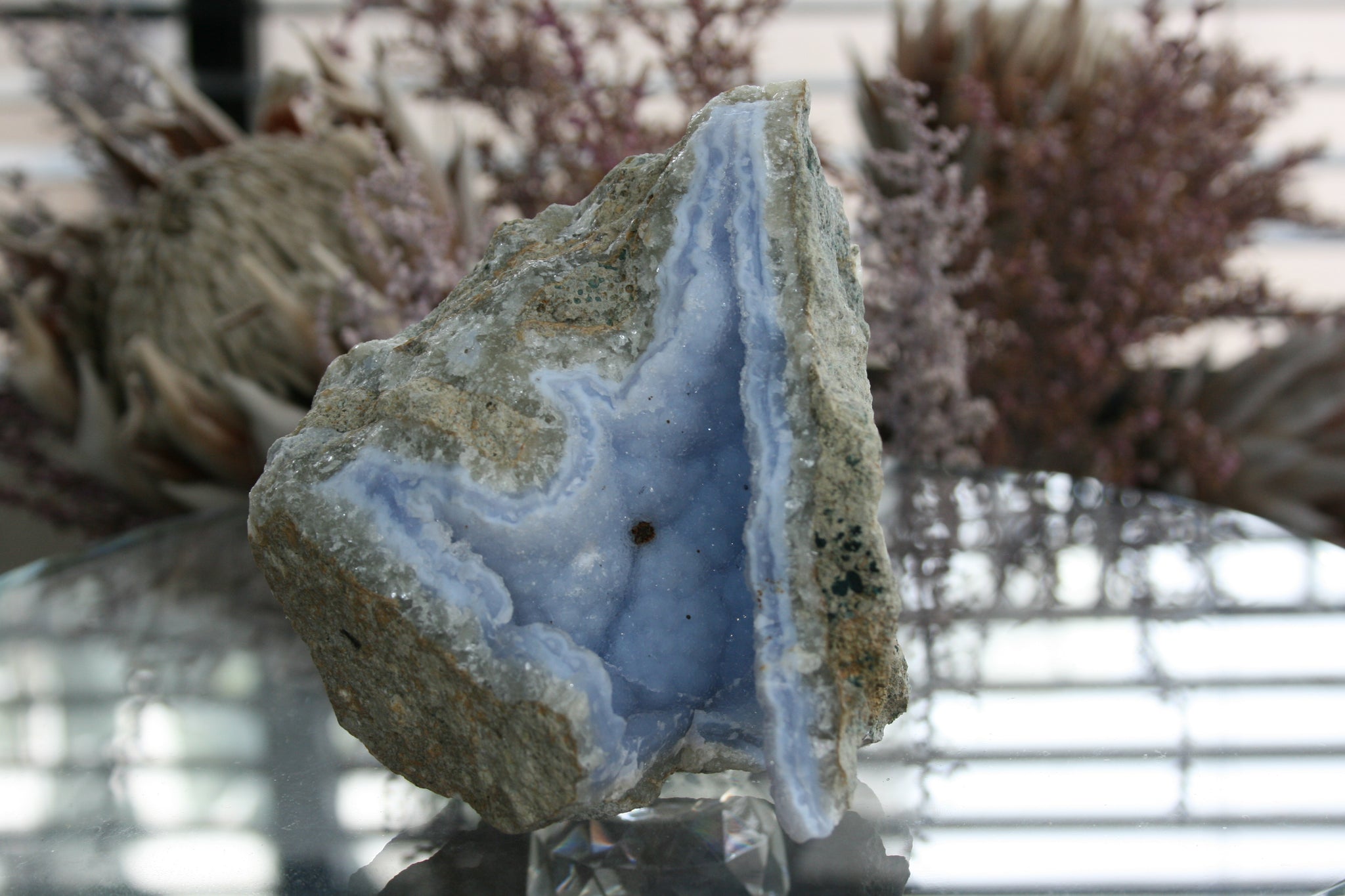 Rare Blue and White Lace Agate Geode Amethyst Crystals and Calcite